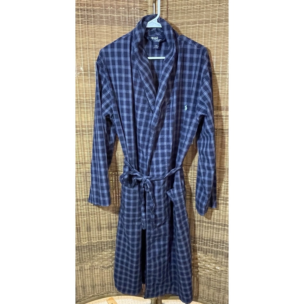 VTG 90s Polo Ralph Lauren Sleepwear Plaid Cotton Bathrobe Navy Blue Size S/M